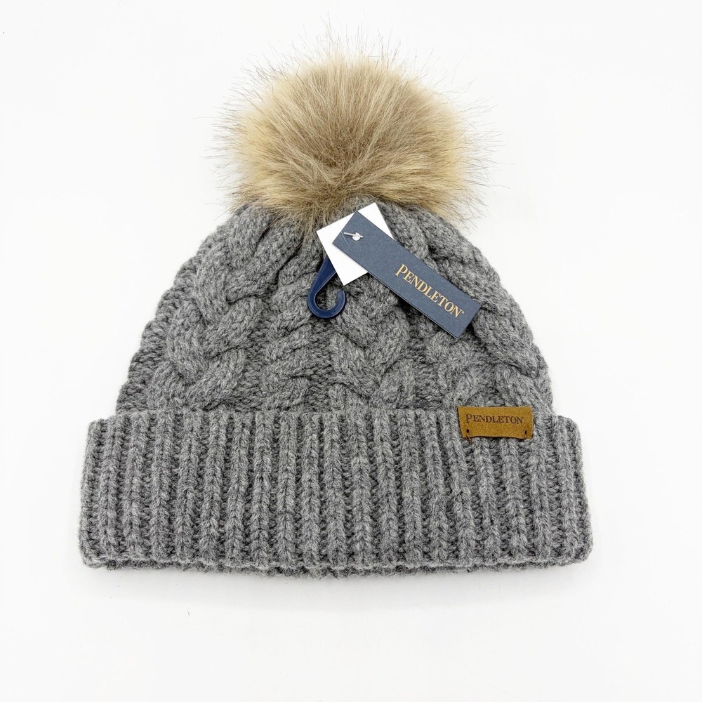 Pendleton Hat Beanie Womens One Size Gray Wool Cable Knit Faux Fur Pom Winter